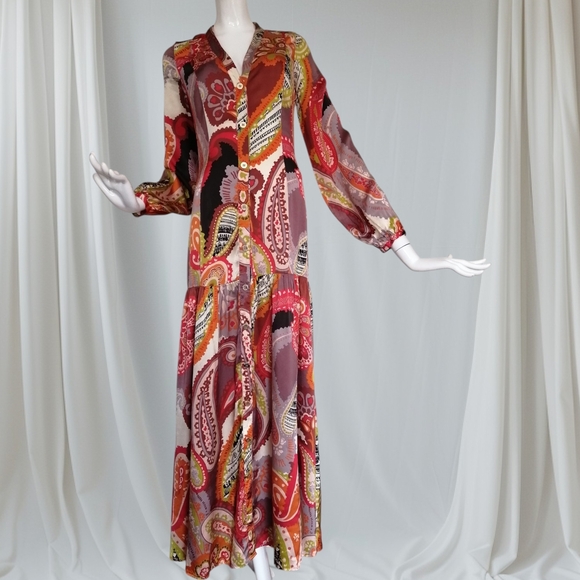 Marciano Dresses & Skirts - 100% Silk Marciano Red Multi Paisley V-Neck Long Sleeve Maxi Dress size 02